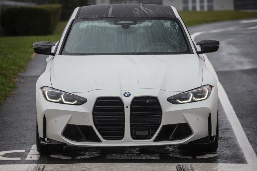 2021 BMW M3 Sedan shown in Frozen Brilliant White and Yas Marina Blue leather