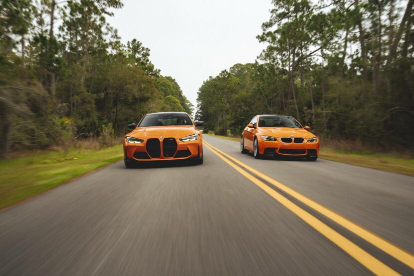 E92 M3 Lime Rock Edition next to a G82 M4 in Fire Orange