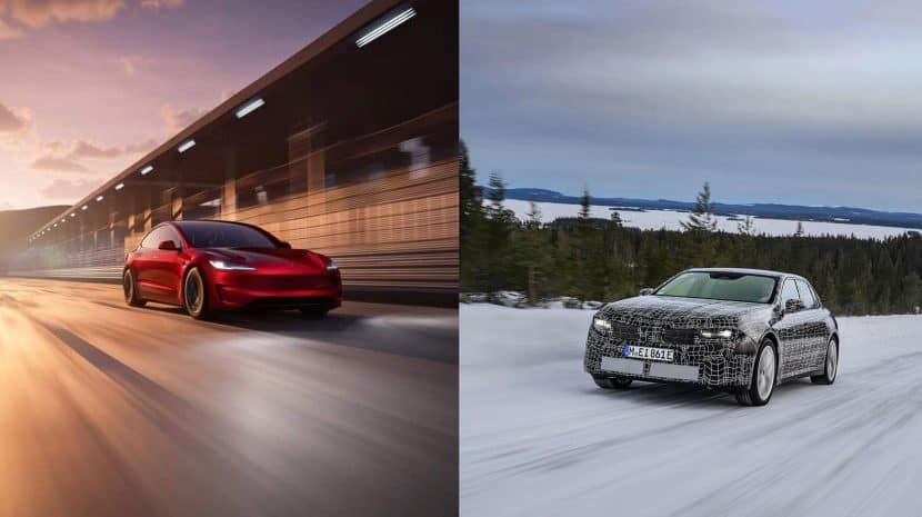 Front three-quarter view of 2027 BMW i3 Neue Klasse next to Tesla Model 3 Performance on charging station background