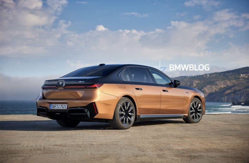 2027 BMW 7 Series rear render featuring wide LED taillights and diffuser