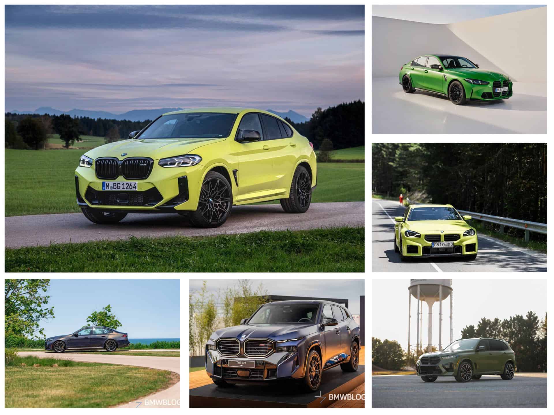 Lineup of BMW M models showcasing various body styles and colors, representing M Series depreciation comparison