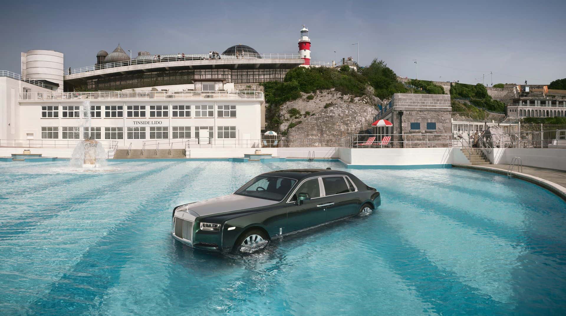 Rolls-Royce Phantom recreated in a swimming pool at Tinside Lido, celebrating 100 years of Phantom and its rock and roll legacy