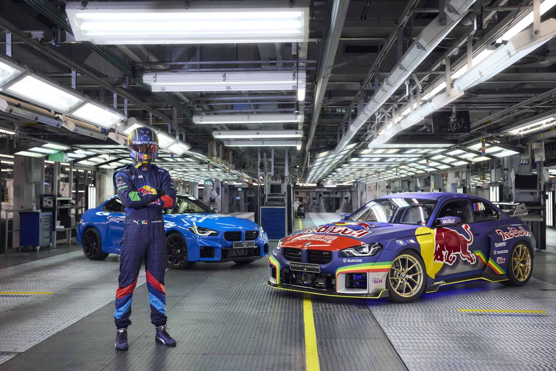 Elias Hountondji drifting the 1,100-hp BMW M2 Drift Competition inside BMW Plant Munich during the Red Bull Driftbrothers film shoot.