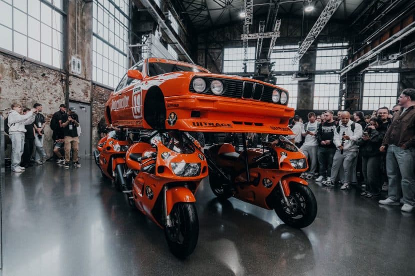 Someone stripped a Jägermeister E30 M3 and sat it on four Suzuki GSX-R bikes