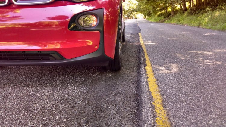 Grooves like this in the pavement can be felt more in the i3 than in other cars. I believe it's because of the vehicles light weight combined with its narrow tires.